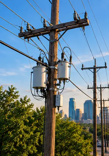 Wood distribution poles with crossarms and utility attachments
